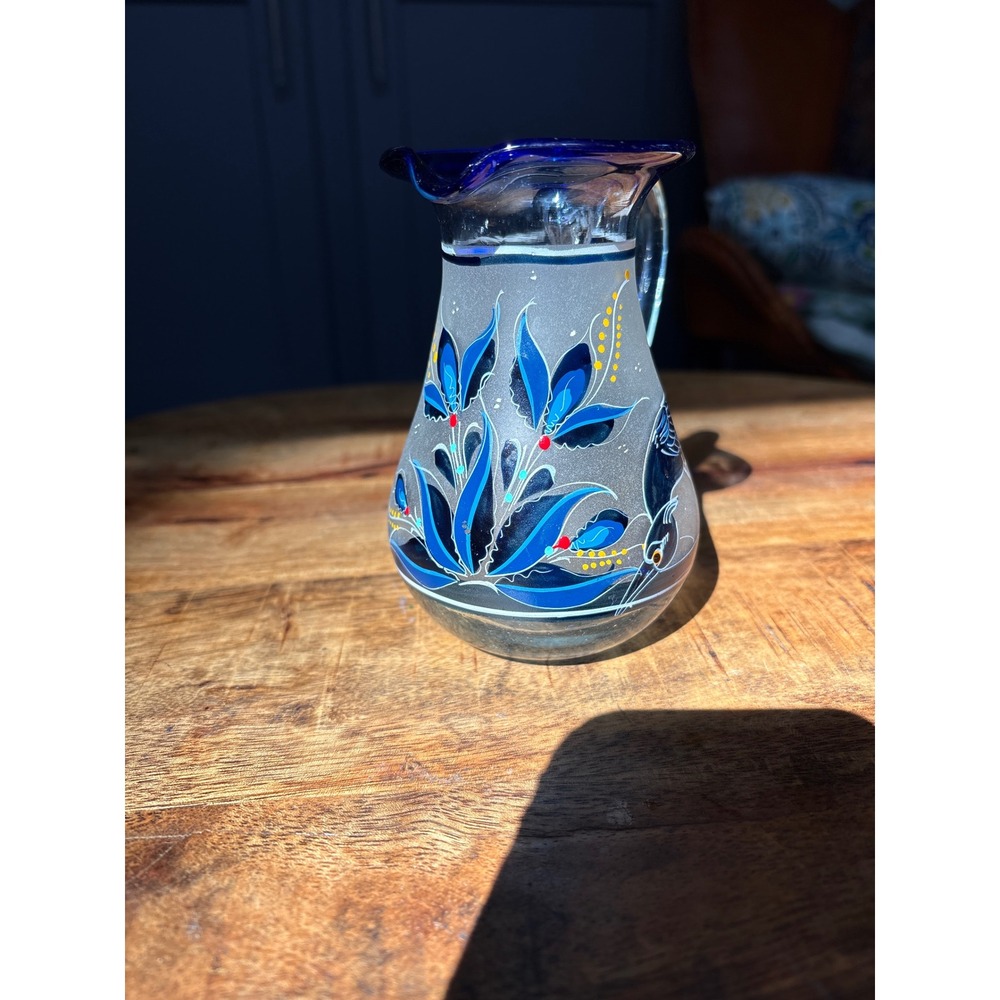 Handblown Frosted Glass Pitcher Blue Hand Painted Floral Bird Cobalt Rim Vtg
